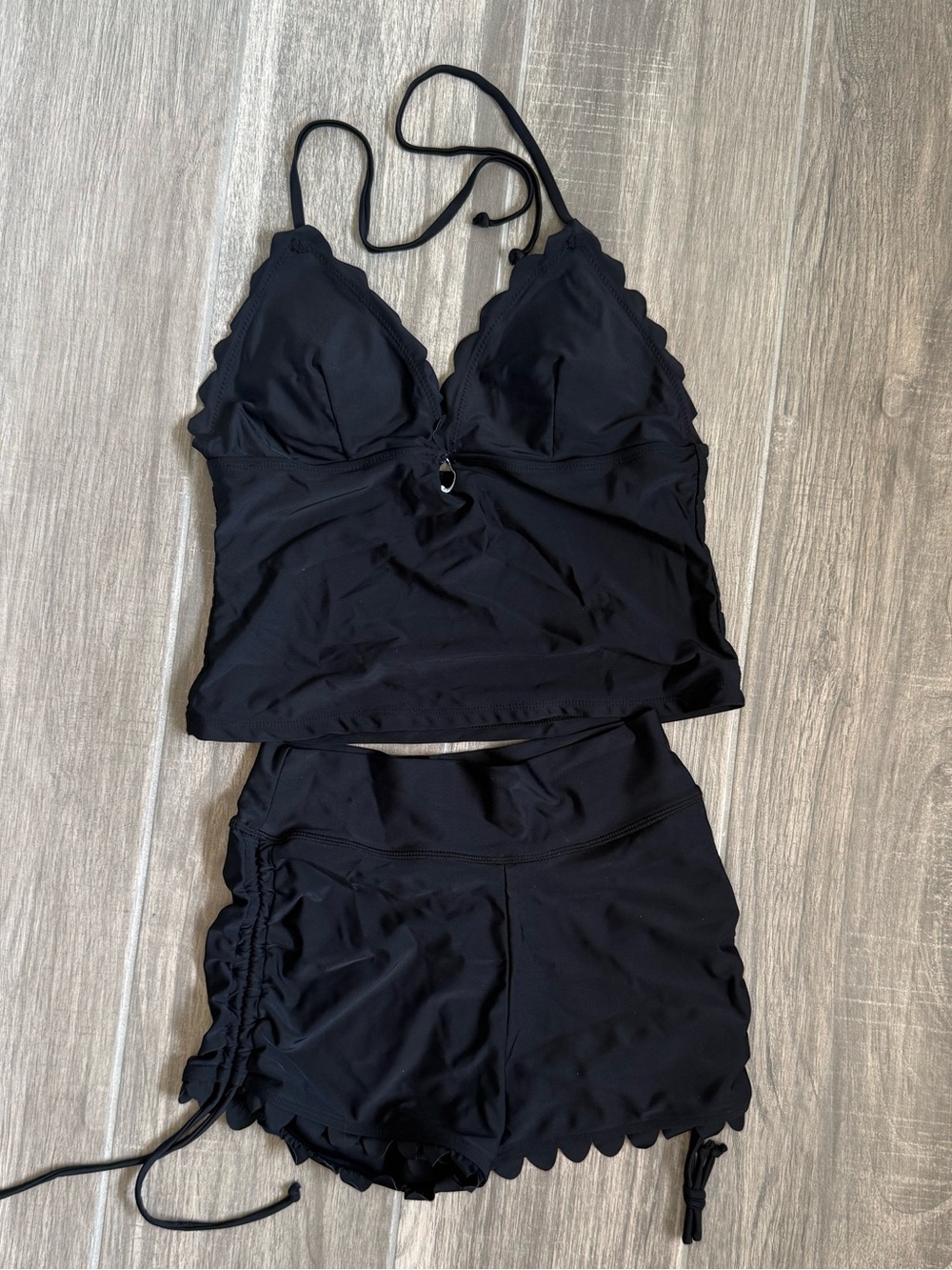 SHEIN Black Scalloped Tankini Top and Shorts Set